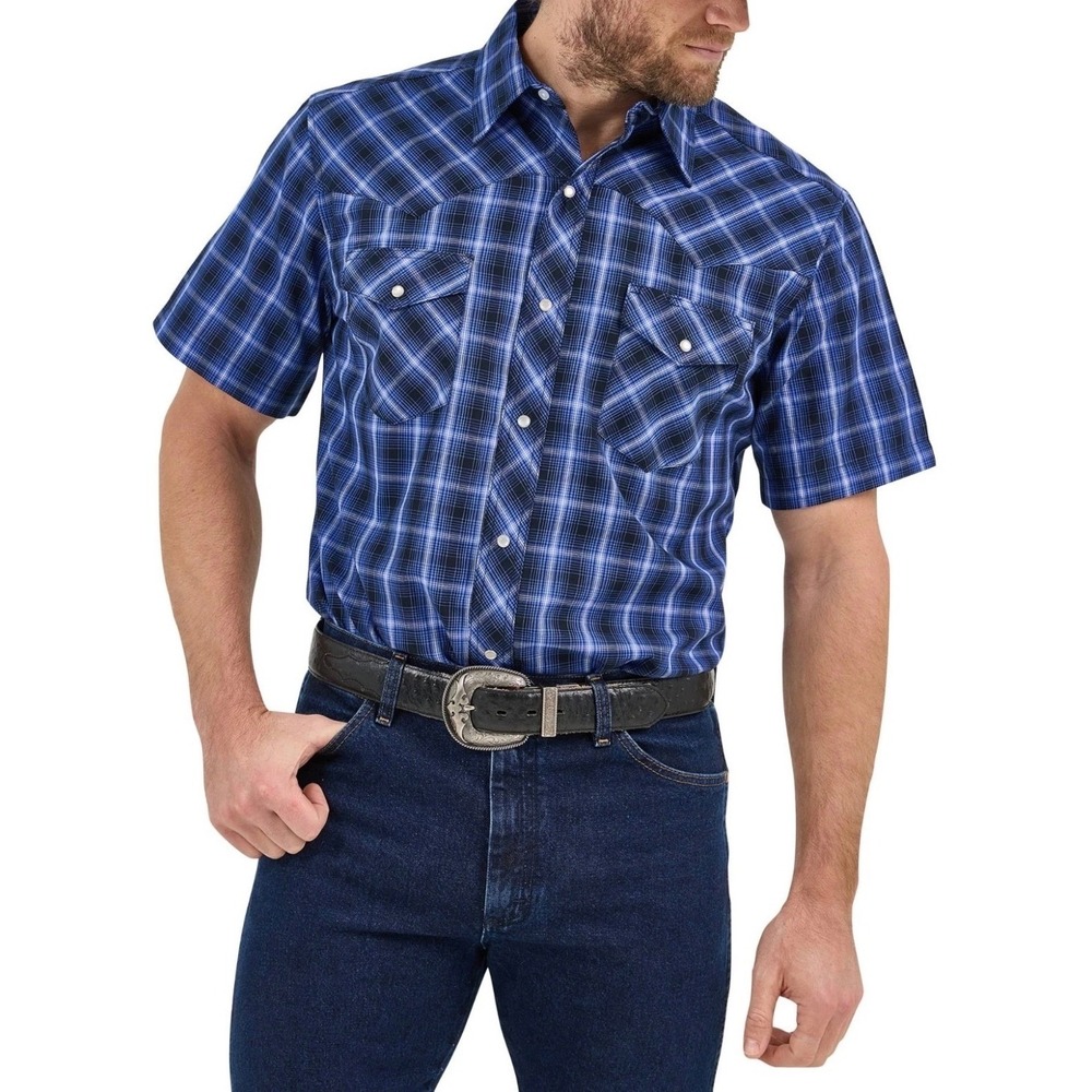 Wrangler Mens Western Shirt Blue Plaid Short Sleeve Pearl Snap XL